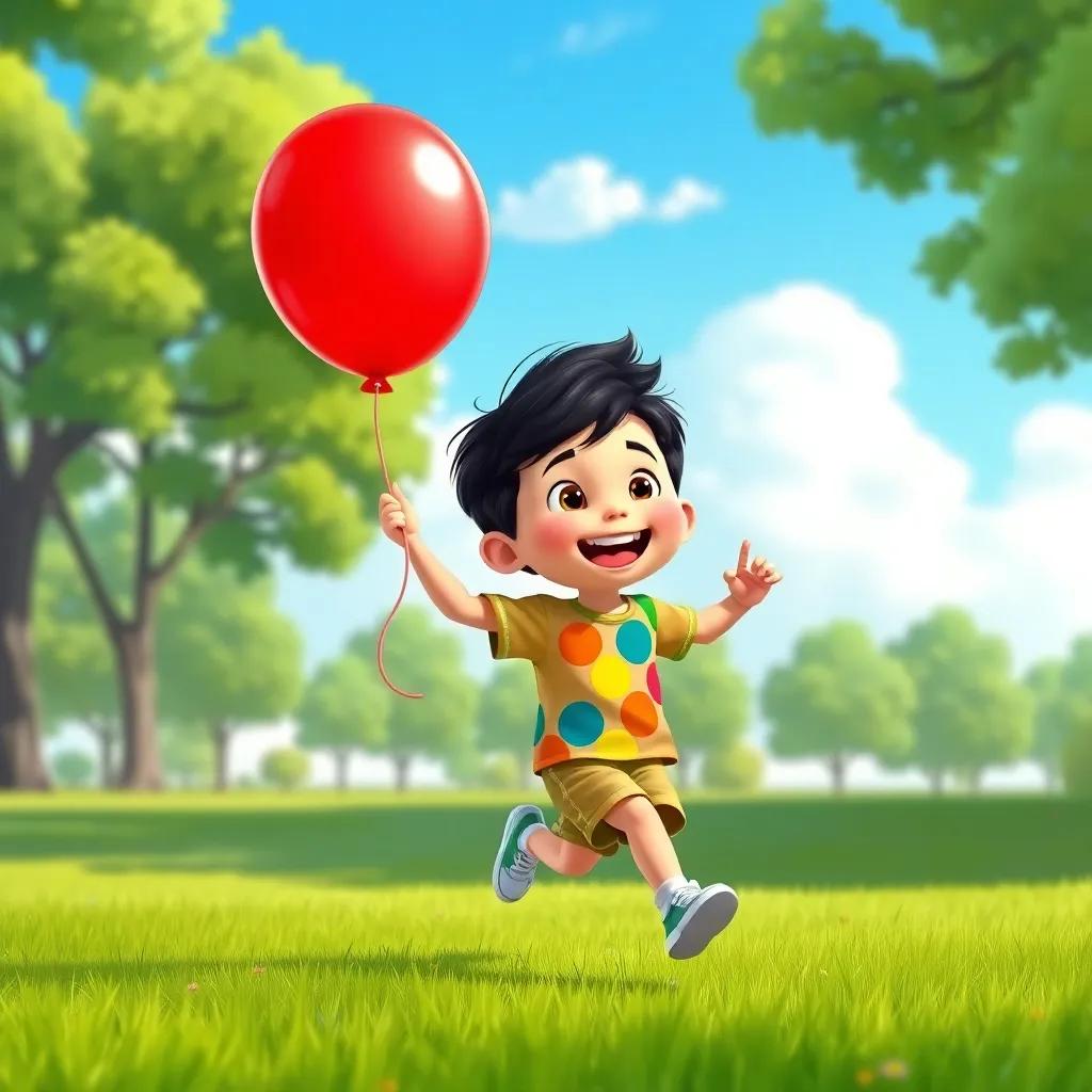 A joyful child, Tomás, with short dark hair wearing a colorful t-shirt and shorts, running in a park holding a red balloon, green grass, blue sky with fluffy clouds, playful and vibrant, child-friendly illustration
