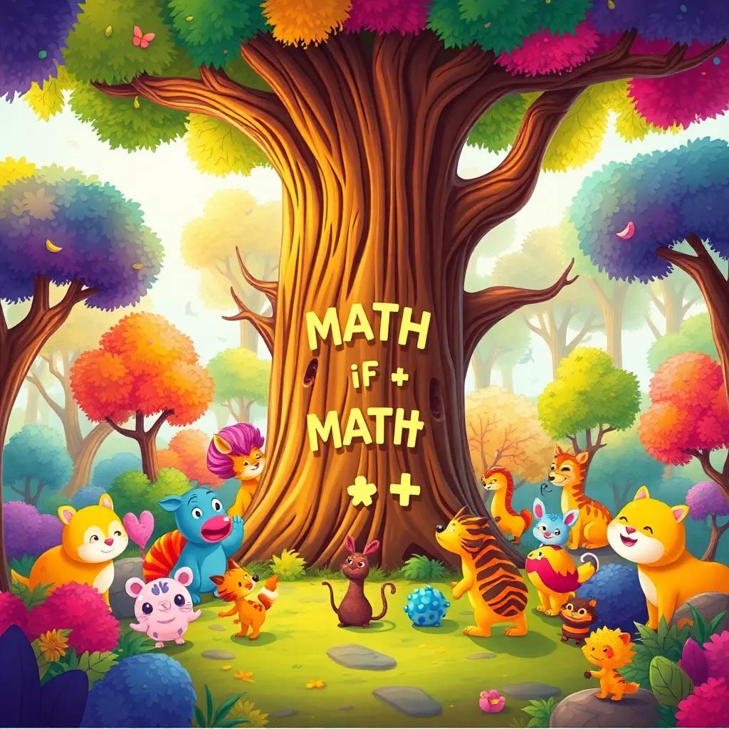 A bright and colorful magical forest with talking trees and happy animals gathered around a large tree for a math contest, vibrant colors, cheerful atmosphere, cartoon style, high quality