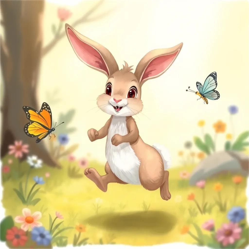 Lila the Hare, a playful little hare, with soft fur and long ears cheerfully hopping around, a beautiful butterfly nearby distracting her, colorful environment, digital art, whimsical style, high quality