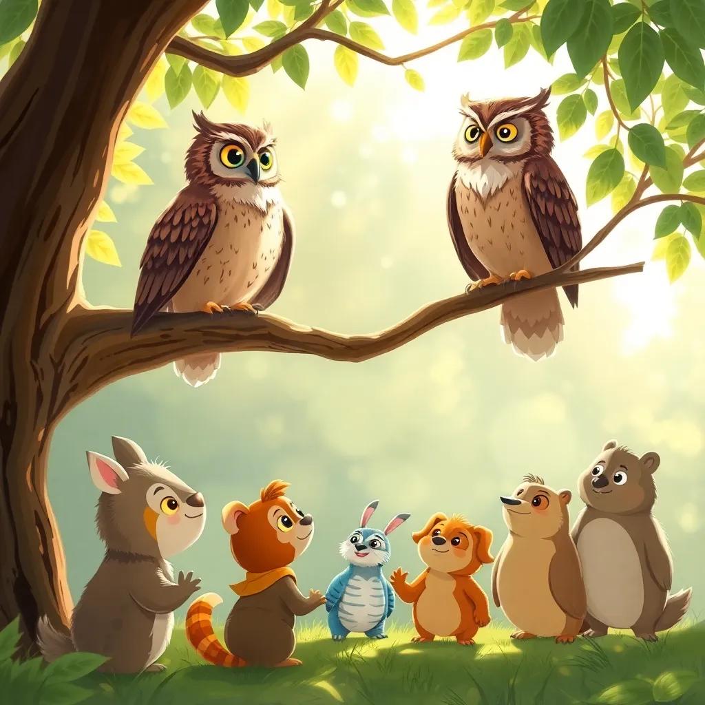 A large wise owl named Don Búho standing on a branch, greeting the animals gathered below. The animals, including Lila, Tito, and Pipo, look excited as they prepare for the math competition, with bright sunshine filtering through leaves, digital painting, cheerful, engaging atmosphere, high quality.