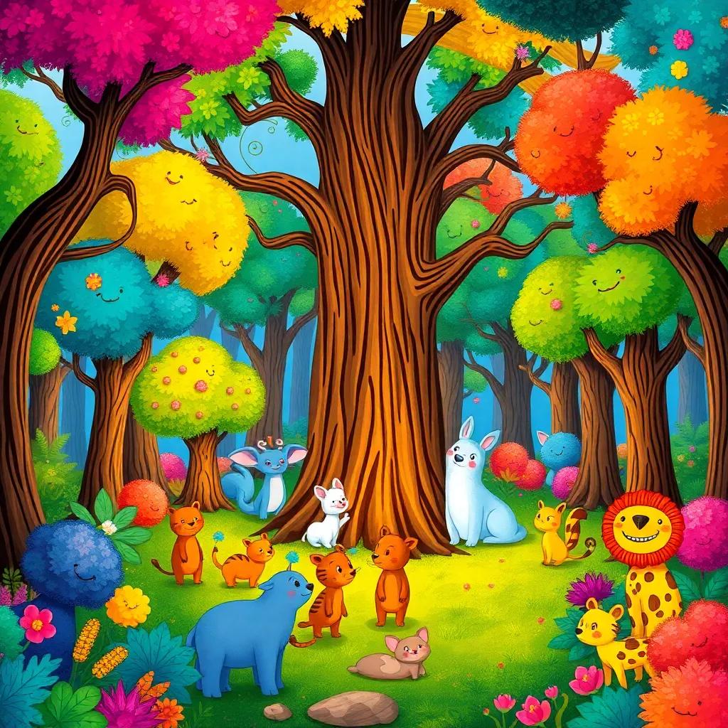 A colorful magical forest with talking trees, lots of colors and happy animals gathered around a big tree, children-friendly, vivid settings, bright colors, cheerful atmosphere, digital art, detailed