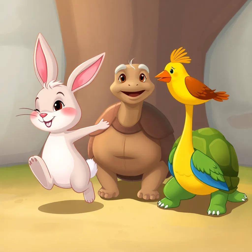 Lila the Hare, a cute rabbit with soft fur, long ears hopping joyfully, next to Tito the Tortoise, an old tortoise with a wise smile, and Pipo the Bird, a bright feathered bird singing, in a friendly gathering, colorful and child-friendly, cheerful digital art