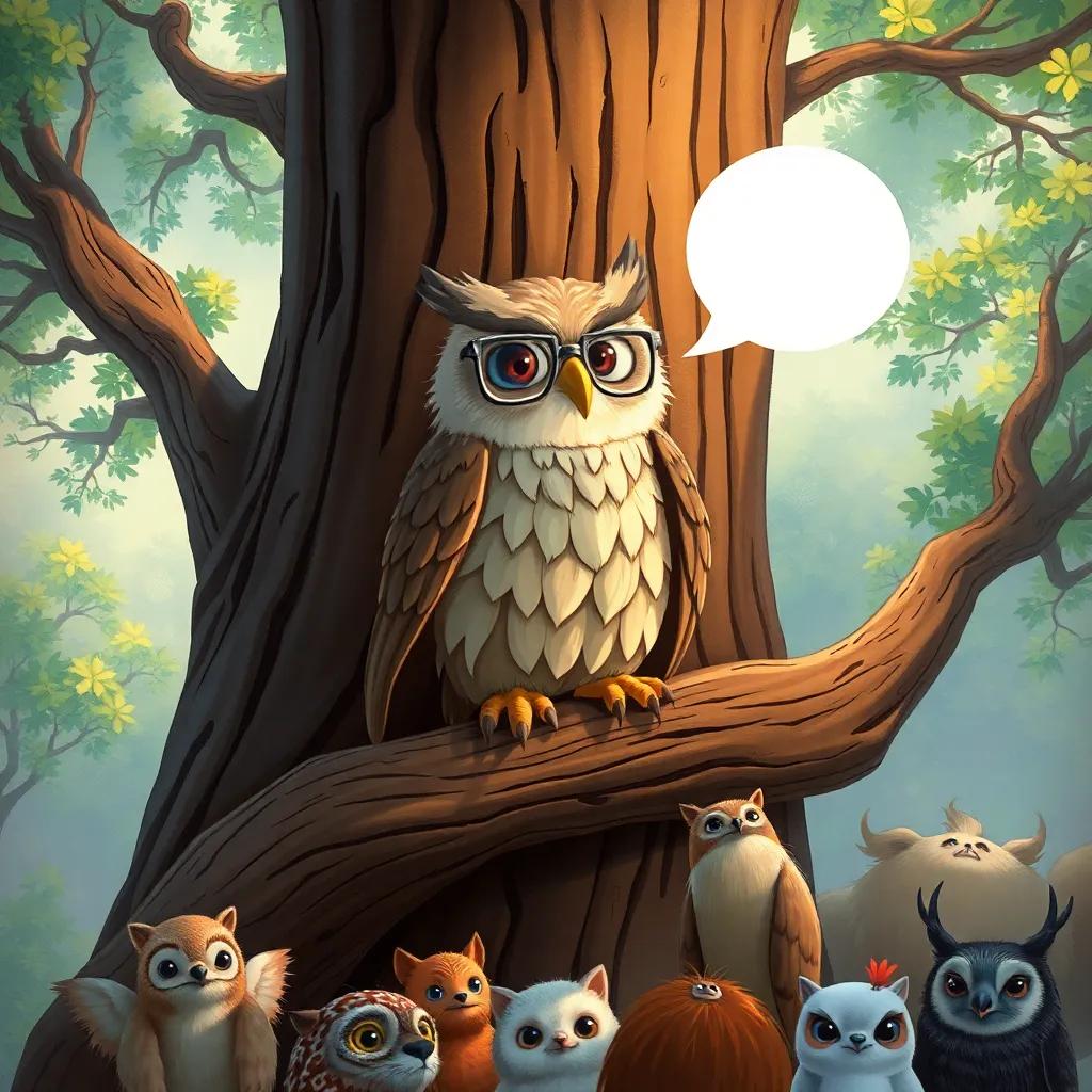 A wise old owl, Don Búho, sitting on a branch of a large tree, addressing the crowd of animals with a deep voice, wearing glasses, and exuding wisdom, a magical atmosphere, illustrating authority and wisdom, detailed digital art