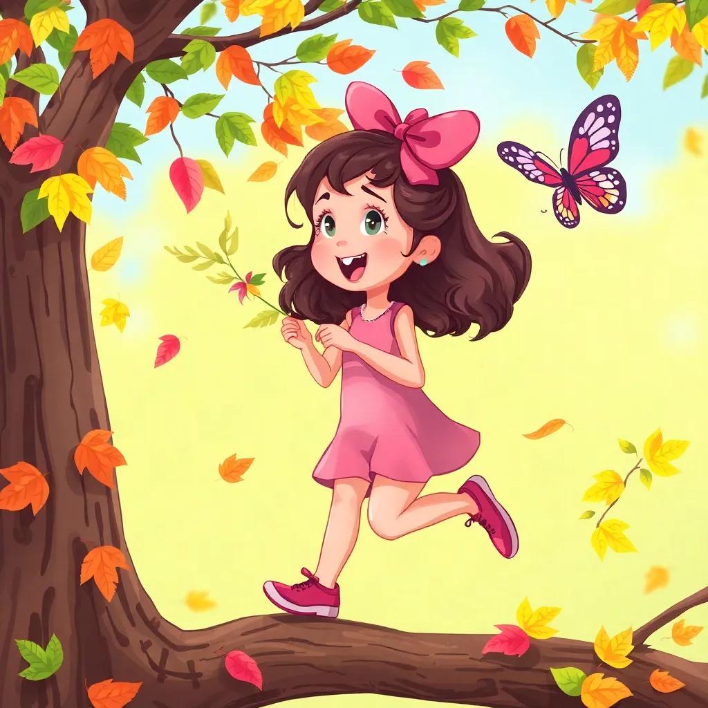 Lila counting leaves on a branch, jumping excitedly, distracted by a beautiful butterfly fluttering by, colorful leaves on a bright tree, whimsical and fun setting, detailed digital art, vibrant colors