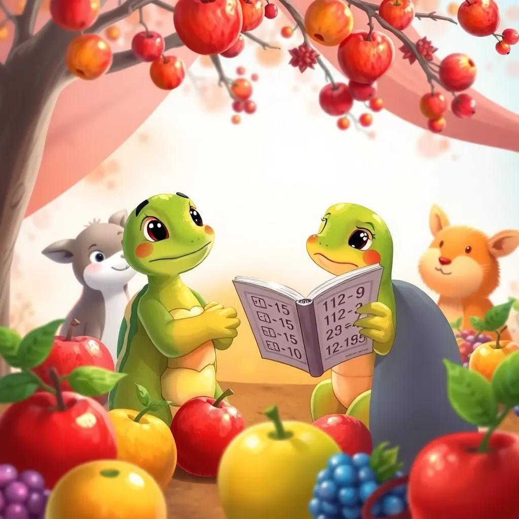 Tito, the Tortoise, calmly observing as Lila is distracted, showing his little math book, surrounded by apples and berries that the animals brought to the contest, friendly atmosphere, bright colors, digital art