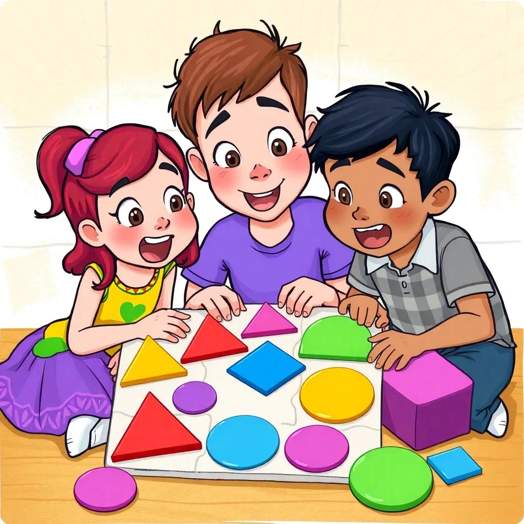 Lila, Tito, and Pipo working on a puzzle of shapes, with triangles, circles and squares, excited expressions as they discuss how many triangles there are, colorful and engaging scene, detailed digital art, playful