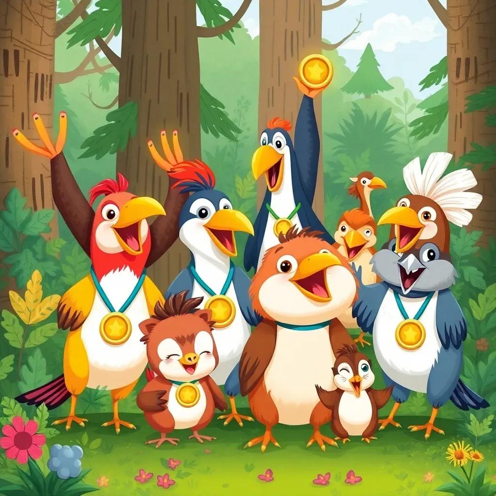 Birds and various forest animals celebrating with medals, each animal has a shiny gold medal around its neck, smiling faces and cheerful expressions, vibrant colors, colorful scenery, fun and joyful digital art