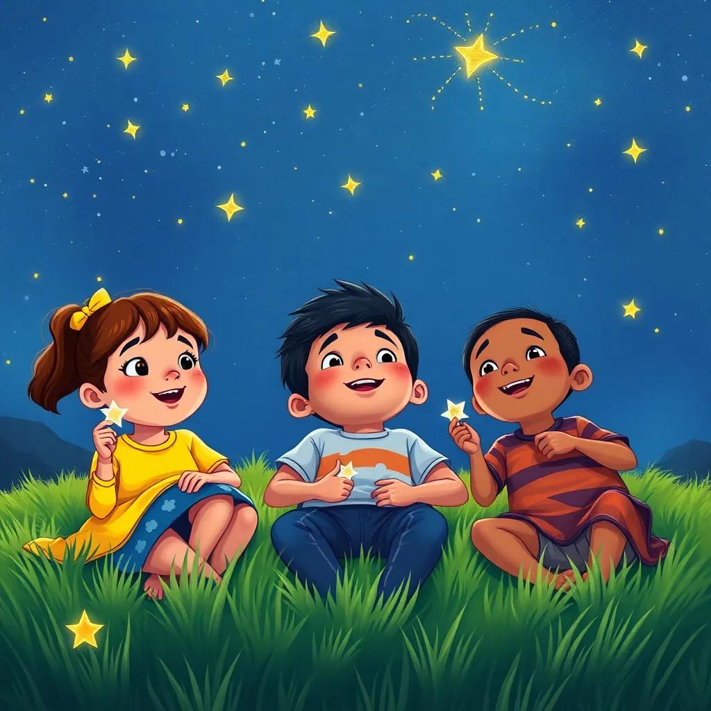 Lila, Tito, and Pipo lying on the grass at night, counting stars together, with sparks of excitement in their eyes, a bright starry sky overhead, colorful and lively, inviting atmosphere, detailed digital art