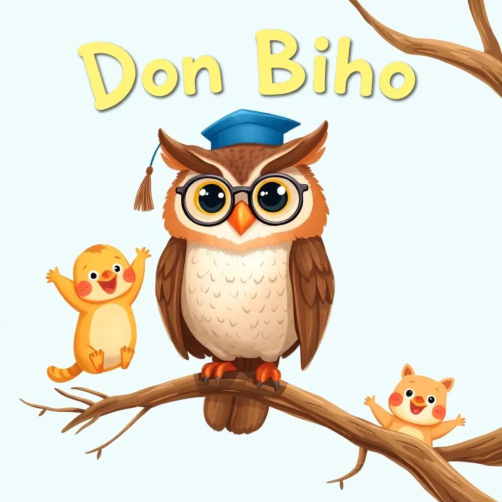Don Búho, a wise owl, perched on a branch, wearing glasses and a small graduation hat, surrounded by cheering animals, bright colors, cheerful, high quality