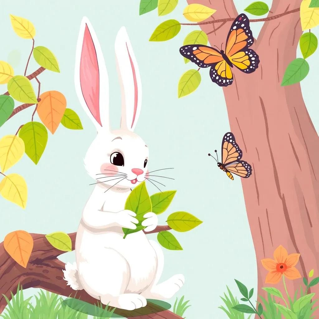 Lila the Hare, a cute white hare with long ears, counting leaves on a branch, being distracted by a butterfly, colorful and lively, whimsical setting, bright and happy