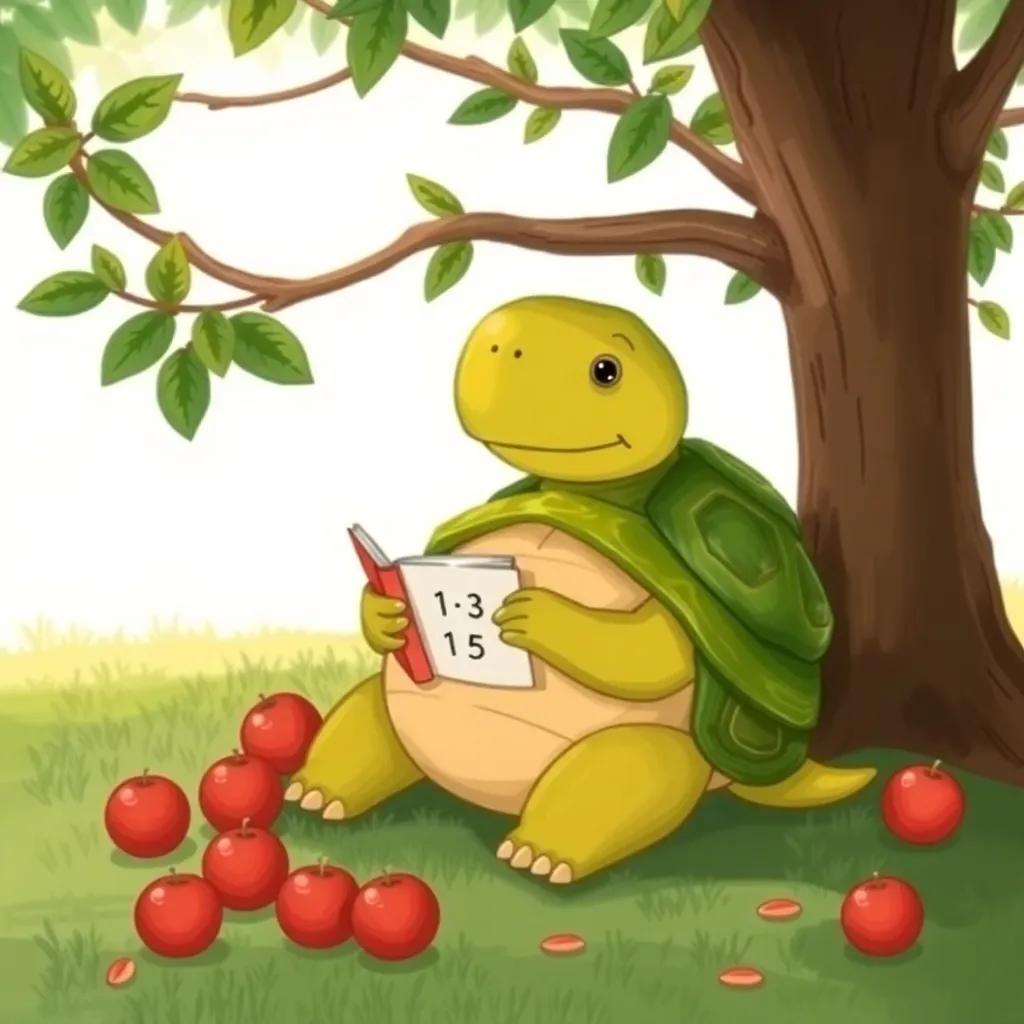 Tito the Tortoise, a calm tortoise with a green shell and a small math book, slowly counting apples under a tree, serene and thoughtful, detailed illustration, warm light