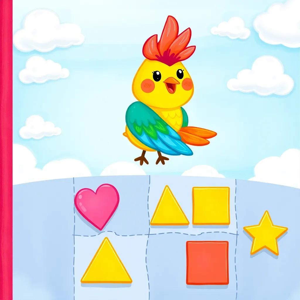 Pipo the Bird, a colorful bird with bright feathers, flying above a math puzzle with shapes, cheerful and vibrant, whimsical sky with fluffy clouds, child-friendly, colorful