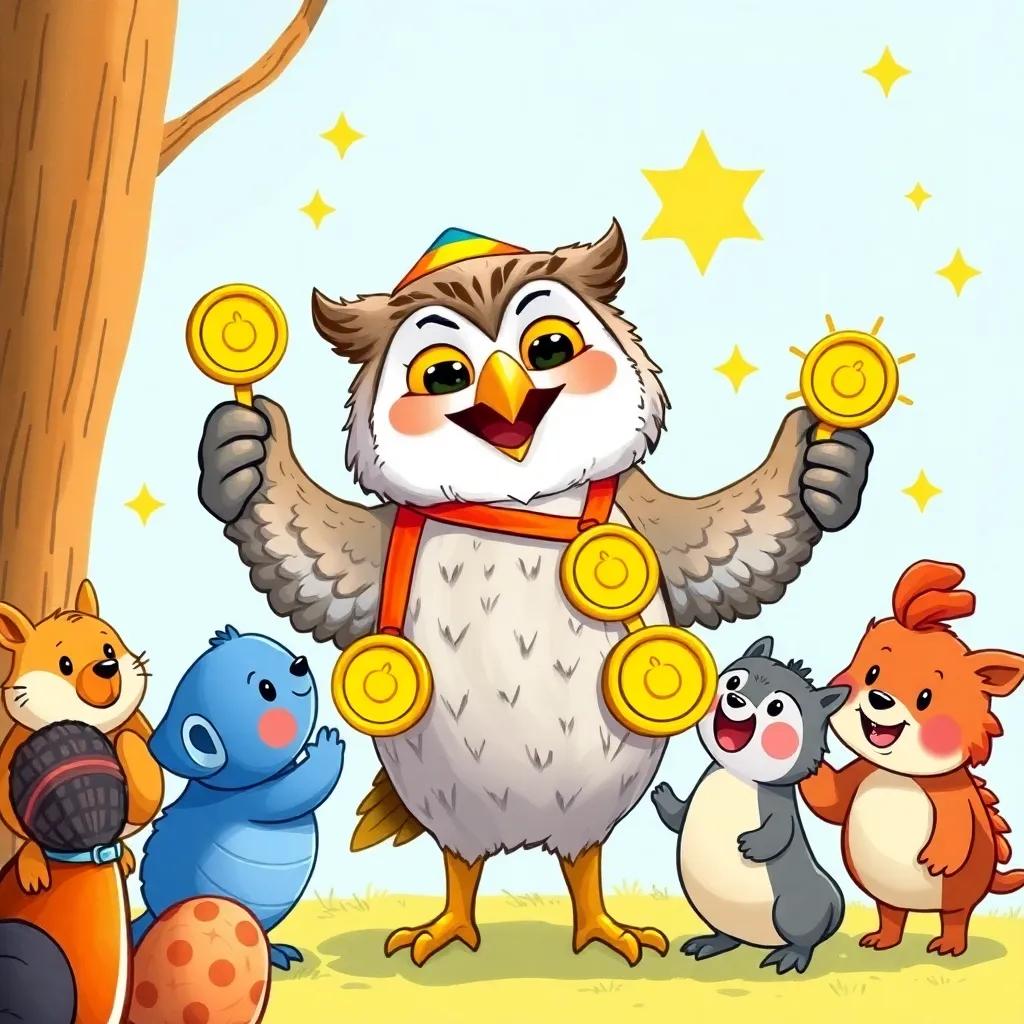Don Búho, a wise owl smiling with joy, presenting gold medals to the three friends, surrounded by animals celebrating, bright colors, happy and festive atmosphere, high quality