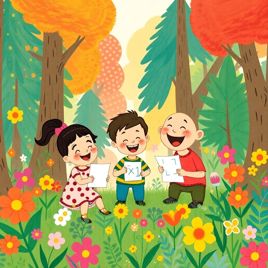Lila, Tito, and Pipo as best friends exploring math in the forest, laughing and playing among colorful trees and vibrant flowers, warm and joyful atmosphere, child-friendly