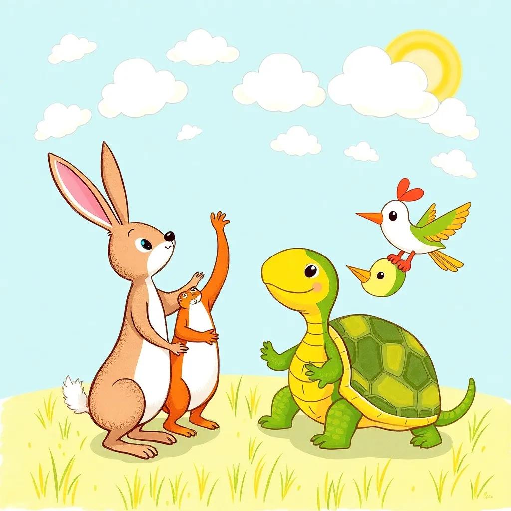 Lila the Hare, Tito the Tortoise, and Pipo the Bird happily counting clouds in the sky, whimsical scene, bright and cheerful, child-friendly