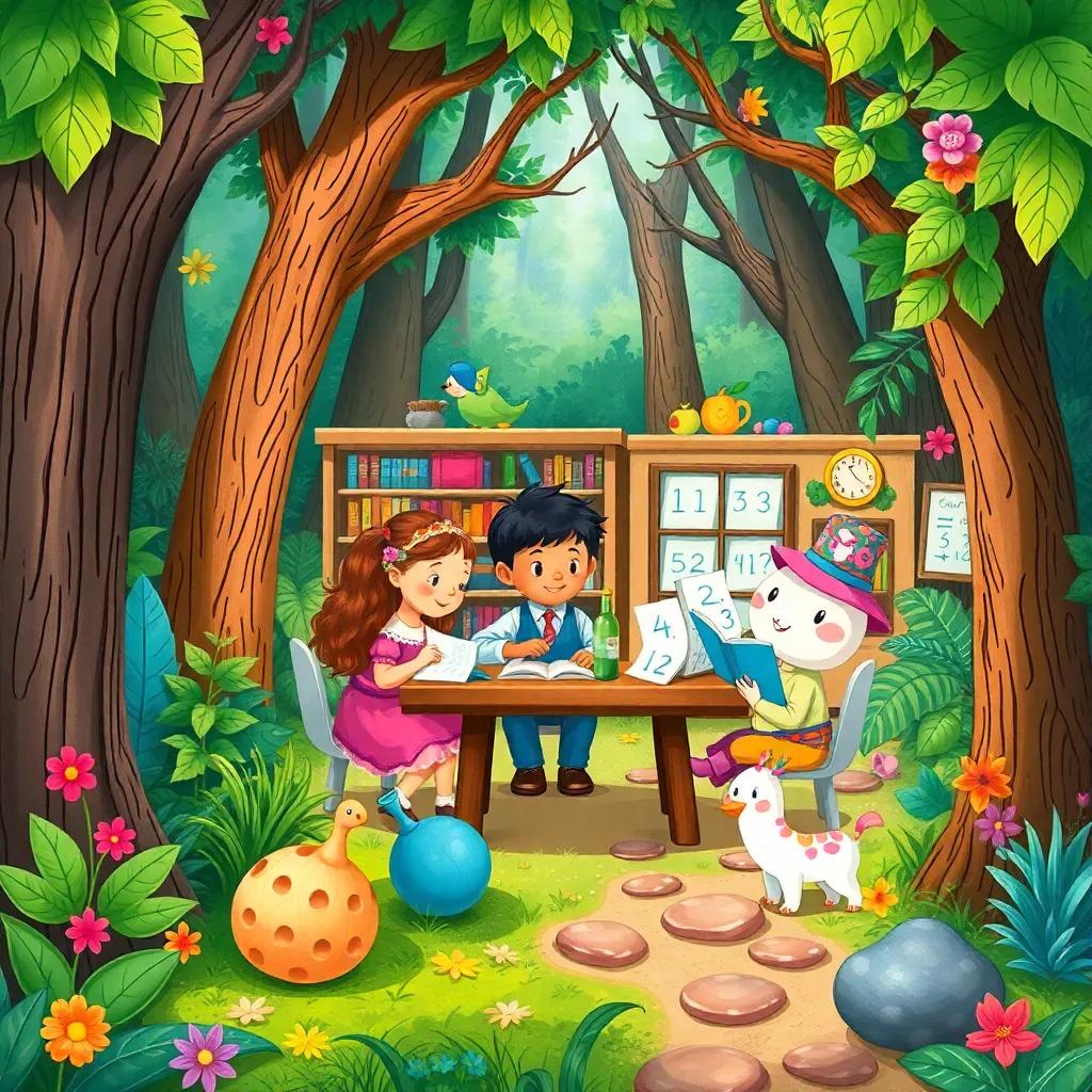A magical school scene in the forest where Lila, Tito, and Pipo learn and play with math, surrounded by vibrant nature, bright colors, inviting atmosphere, high quality