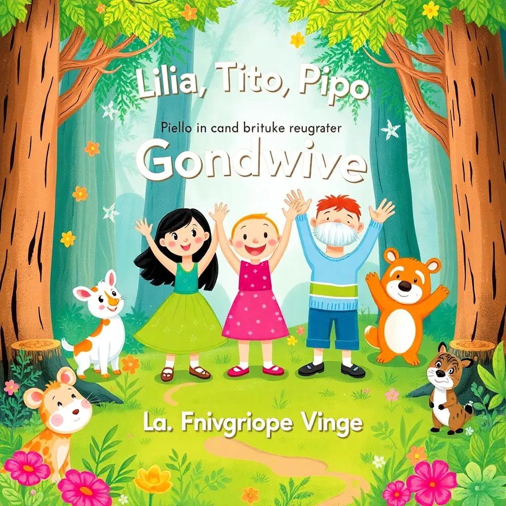 A colorful closing scene with Lila, Tito, and Pipo waving goodbye to the reader, surrounded by playful animals in the magical forest, bright and cheerful, child-friendly