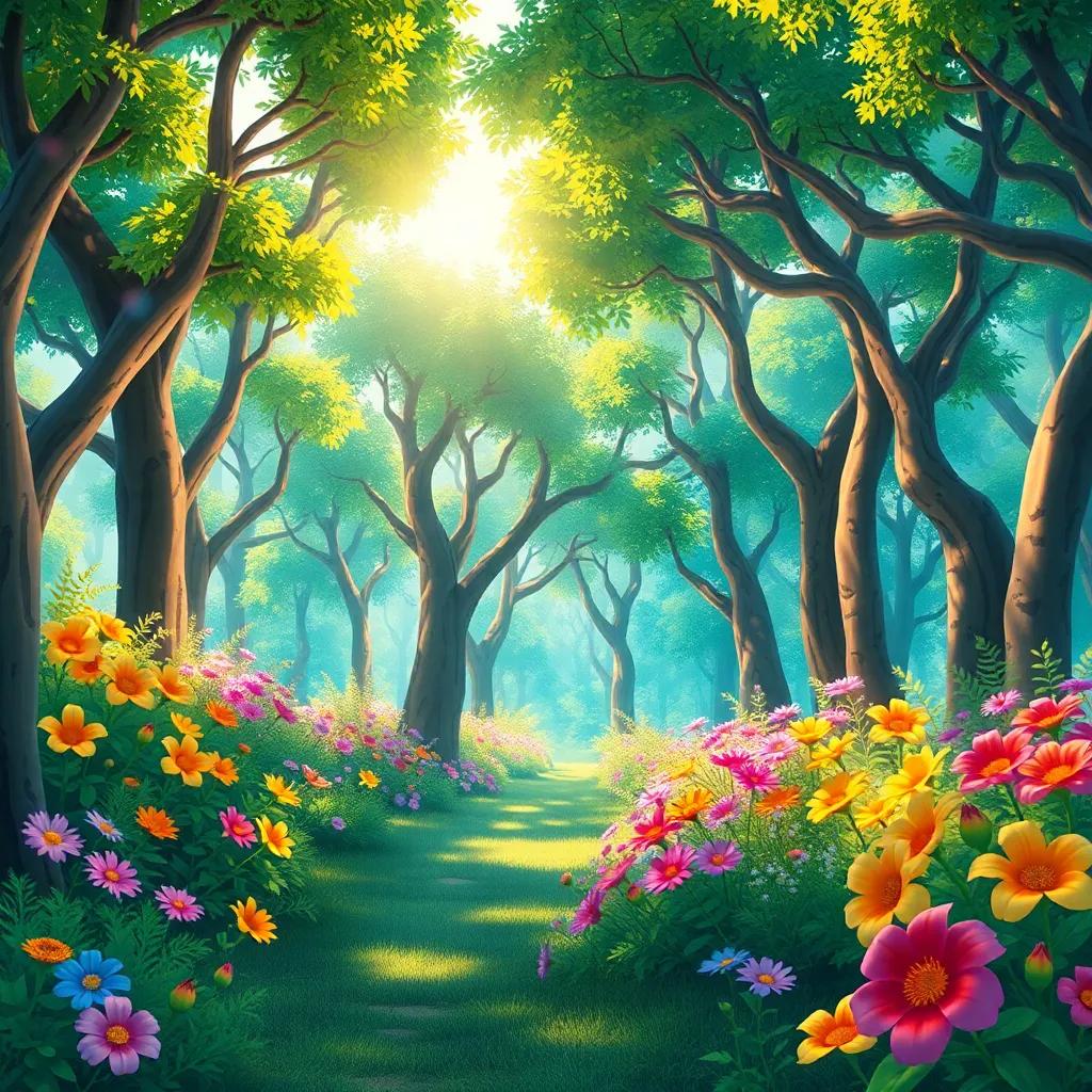 Un bosque vibrante con árboles altos y flores brillantes, iluminado por la luz del sol, lleno de color, digital art, cheerful, child-friendly, high quality
