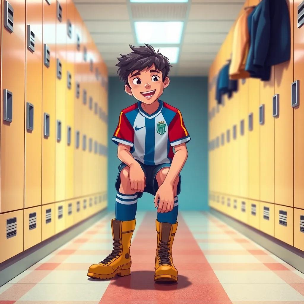 A joyful scene of Pablo, a 16 year old boy with short black hair wearing a football jersey and boots, putting on his shoes in the school locker room, digital art, bright colors, lively atmosphere, cheerful expression, high quality