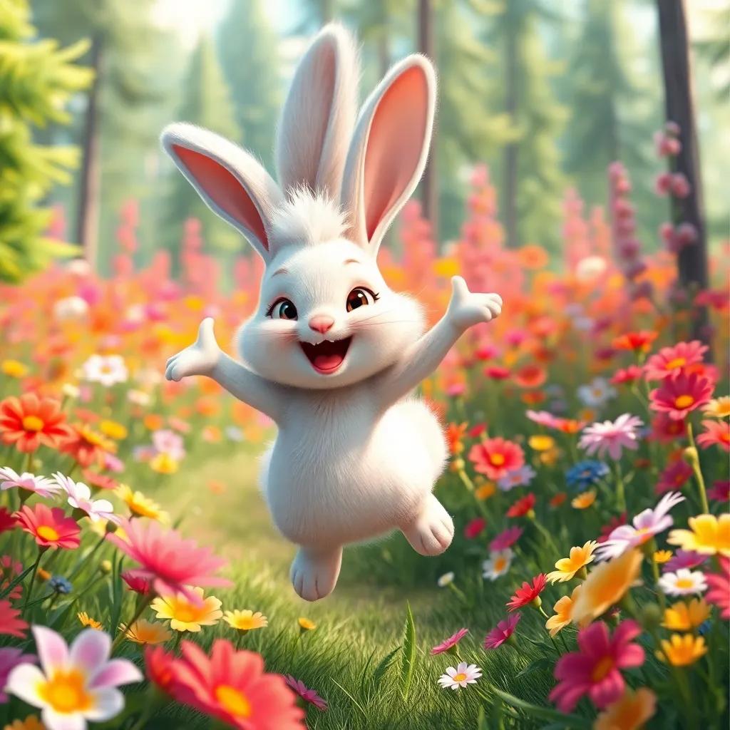 A cute bunny, Coco, with fluffy white fur and big ears, excitedly jumping in a colorful flower-filled forest, vibrant flowers and tall green trees, digital art, cheerful atmosphere, bright colors, high quality