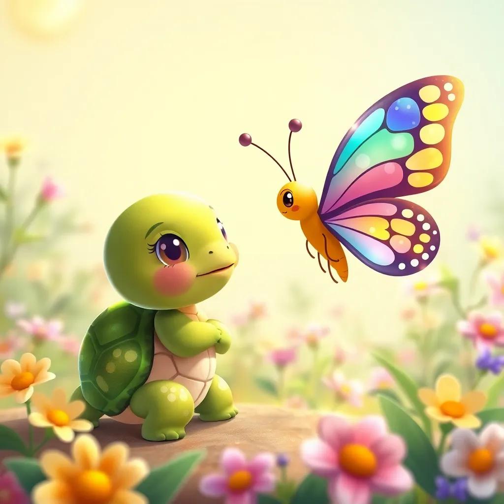 A small turtle, Lila, with a shiny green shell, shyly asking a colorful butterfly named Brillita with shiny wings, surrounded by flowers and a sunny background, illustration, friendly vibe, child-friendly