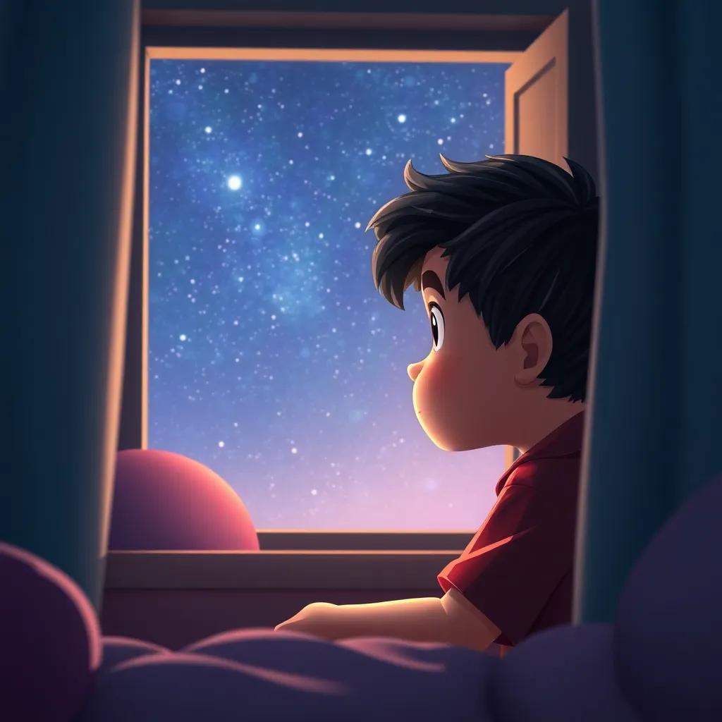 Un niño llamado Leo, un niño de 8 años, con cabello oscuro y rizado, mirando por la ventana de su habitación hacia un cielo estrellado, habitación colorida, luz suave, tono nostálgico, perspectiva interior, arte digital, detallado