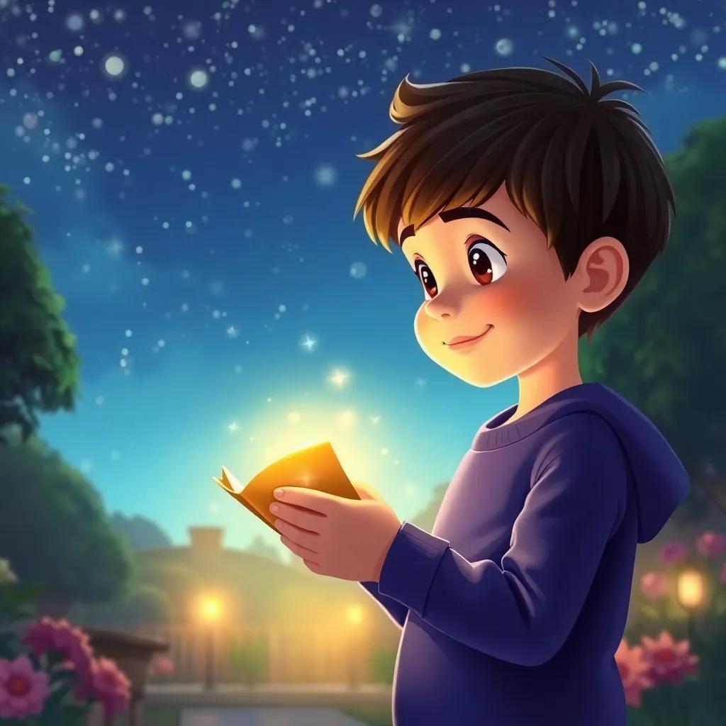 Un niño llamado Leo, un niño de 8 años con cabello rizado, sosteniendo una carta mágica que brilla en sus manos, en un jardín bajo un cielo estrellado, luces brillantes creando un ambiente mágico, ilustración, colorido, perspectiva acogedora