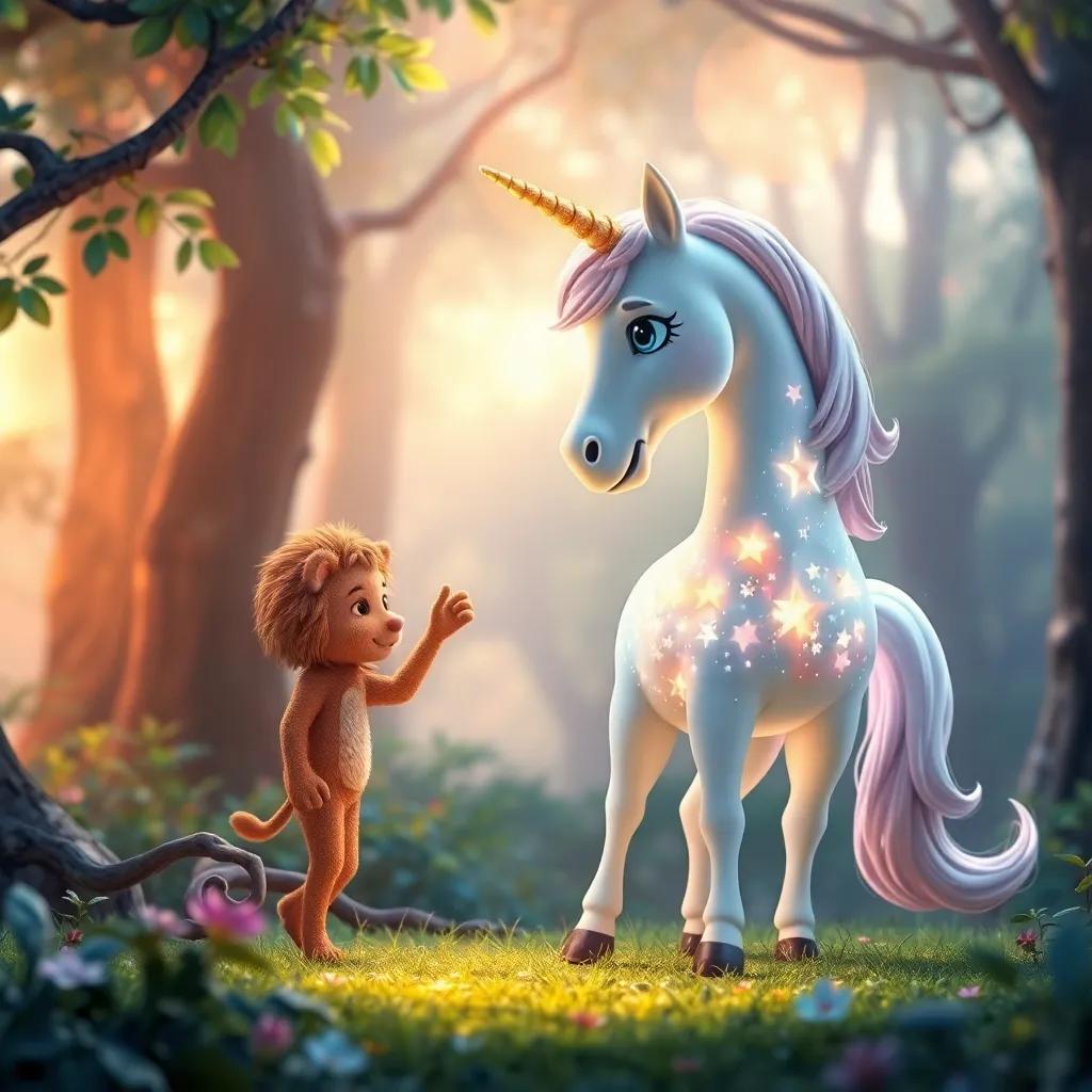 Un unicornio mágico, con un cuerpo brillante de estrellas, hablando con Leo en un claro del bosque, naturaleza vibrante y mágica, suave iluminación estelar, arte 3D, amigable y estimulante
