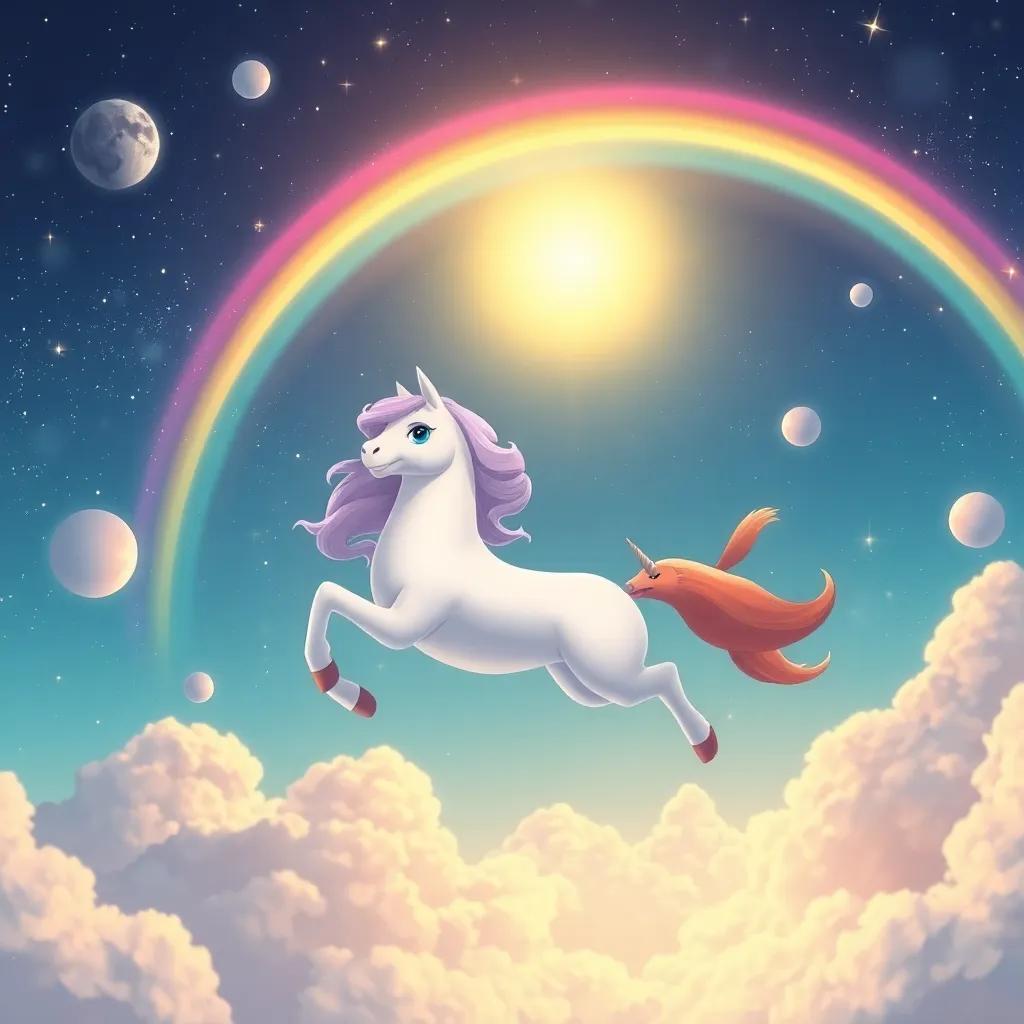 Leo y el unicornio volando juntos por un cielo lleno de estrellas y planetas, una atmósfera mágica y alegre, con nubes esponjosas y un arcoíris brillante, arte digital, estilo de cuento de hadas