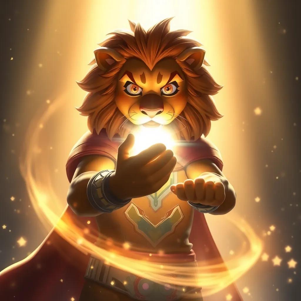 Leo acumulando luz brillante en sus manos mientras se enfrenta al ser oscuro, un fondo que muestra las estrellas resplandecientes, luz envolvente, arte digital, heroico y poderoso
