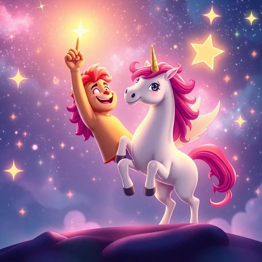 Leo y el unicornio celebrando su victoria en un paisaje celestial, todas las estrellas brillando intensamente, un ambiente de alegría y unidad, arte vibrante, animado y luminoso