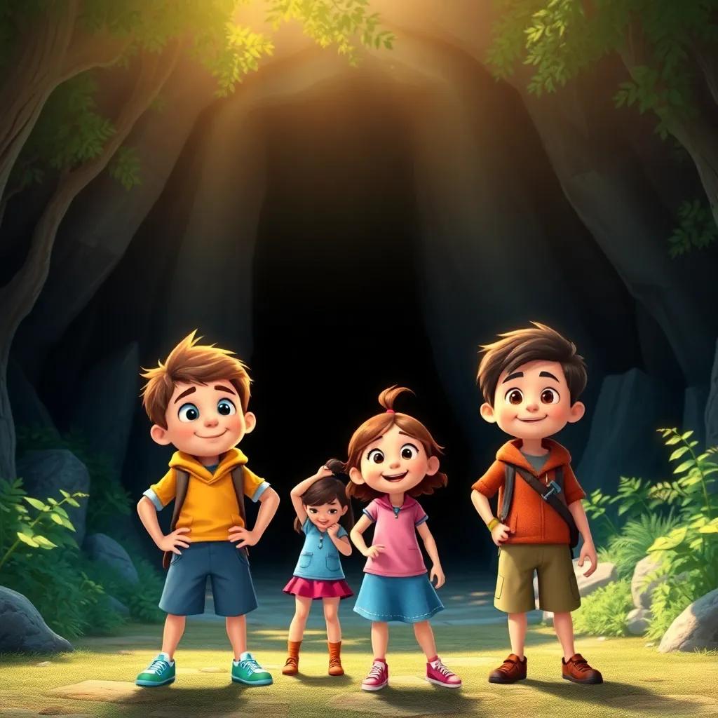 A group of three friends, a brave boy named Max, a curious girl named Lía, and an intelligent boy named Tomás, standing excitedly in front of a dark cave entrance surrounded by trees and sunlight, digital art, cheerful, bright colors, adventure mood, high quality