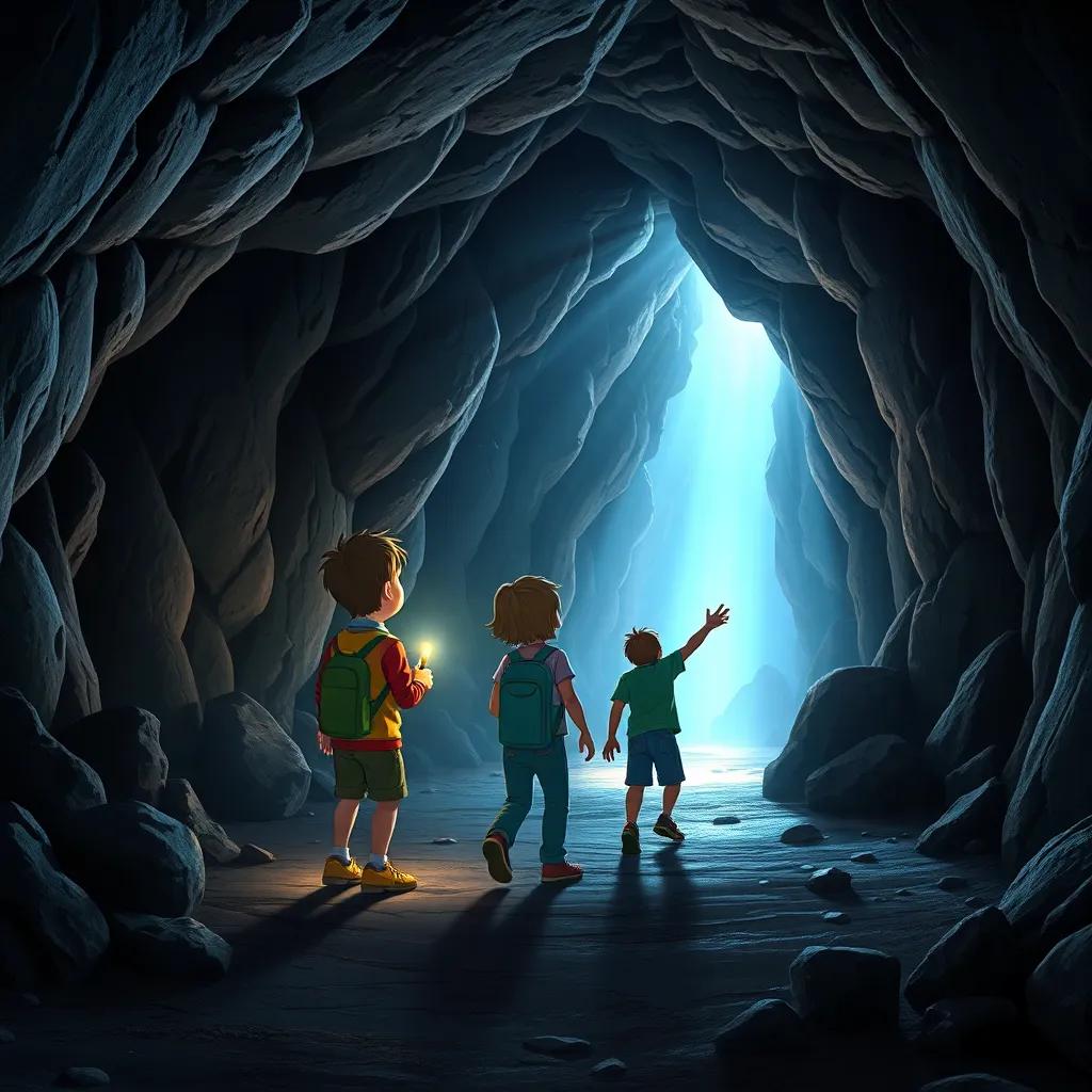 Inside the cave, the three friends walking with flashlights, illuminated damp walls and strange stones, Max pointing ahead towards a bright glow, digital art, dark and adventurous atmosphere, high quality