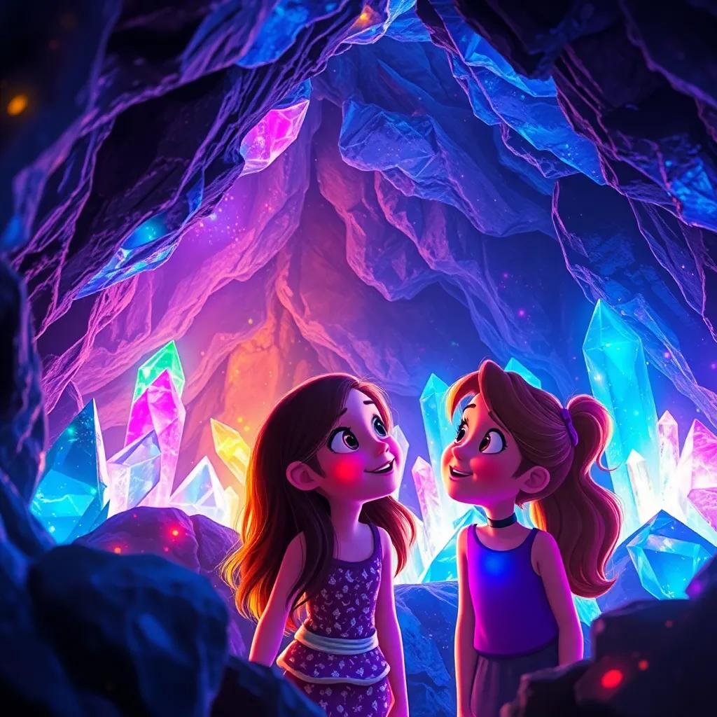 The hidden world with sparkling crystals of different colors illuminating the cave, the friends looking in awe, colorful reflections dancing on their faces, digital art, magical and enchanting, vibrant colors, high quality