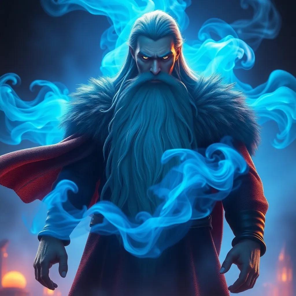 A mystical guardian with a long beard appearing in a cloud of blue smoke, standing before the friends, with a serious expression and glowing eyes, against a backdrop of swirling crystals, digital art, dramatic and magical, high quality