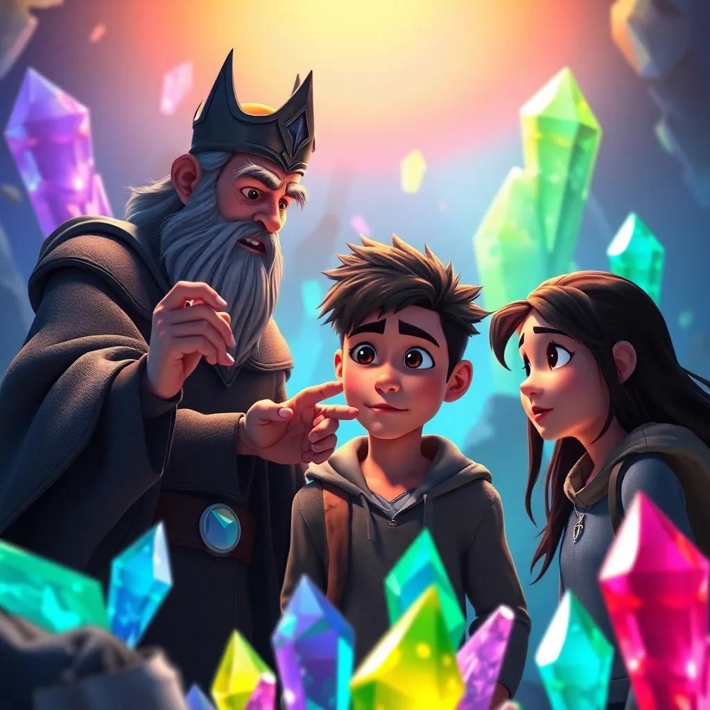The guardian explaining the test, the friends looking determined, with colorful crystals around them, a sense of challenge in the atmosphere, digital art, focused and intense, high quality
