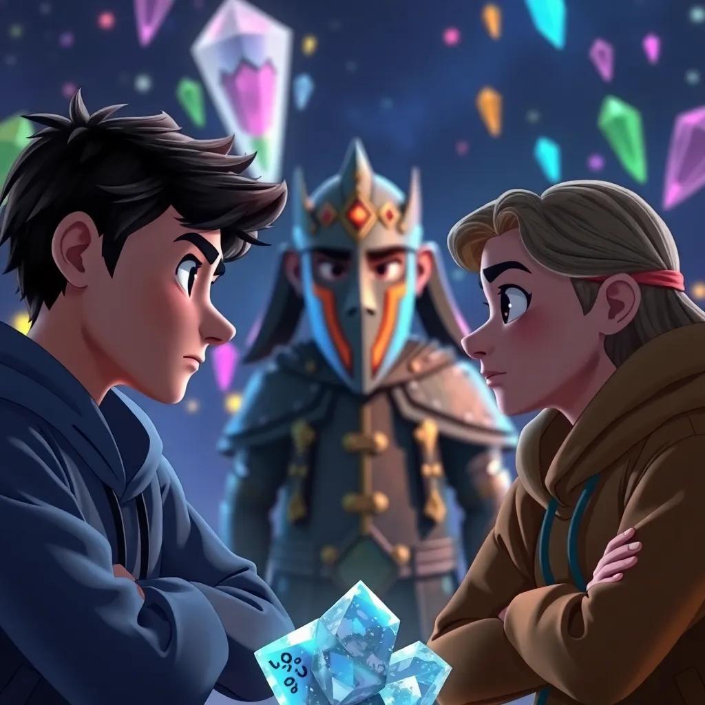 The friends thinking hard, looking at each other for ideas, with the guardian watching them, colorful crystals shimmering in the background, digital art, thoughtful and serious mood, high quality