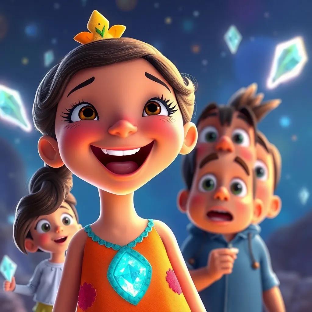 The joyful expression of Lía as she shouts the first rhyme with excitement, Max and Tomás looking surprised, glowing crystals reflecting in their eyes, digital art, vibrant and uplifting, high quality