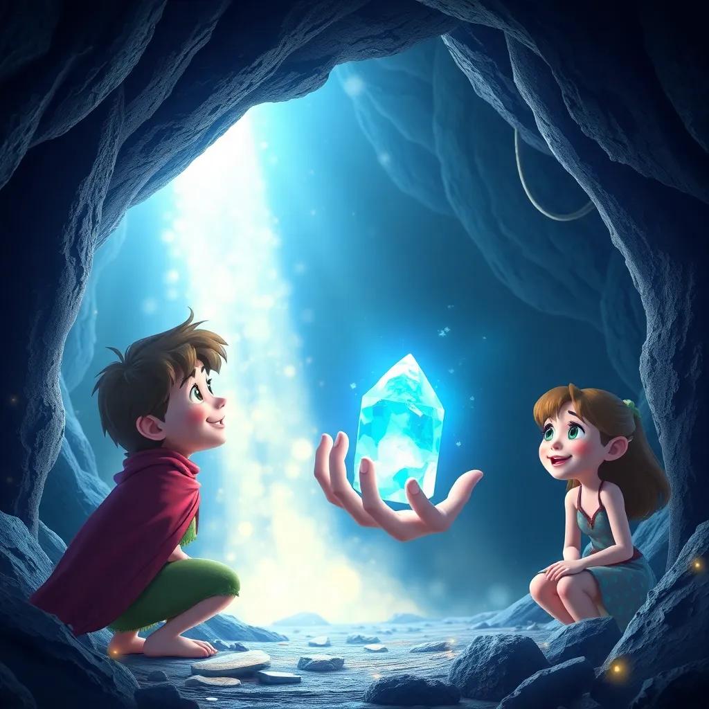 A magical crystal glowing in the hand of the guardian, surrounded by shimmering light, the friends delighted and hopeful, with the cave sparkling around them, digital art, bright and hopeful atmosphere, high quality