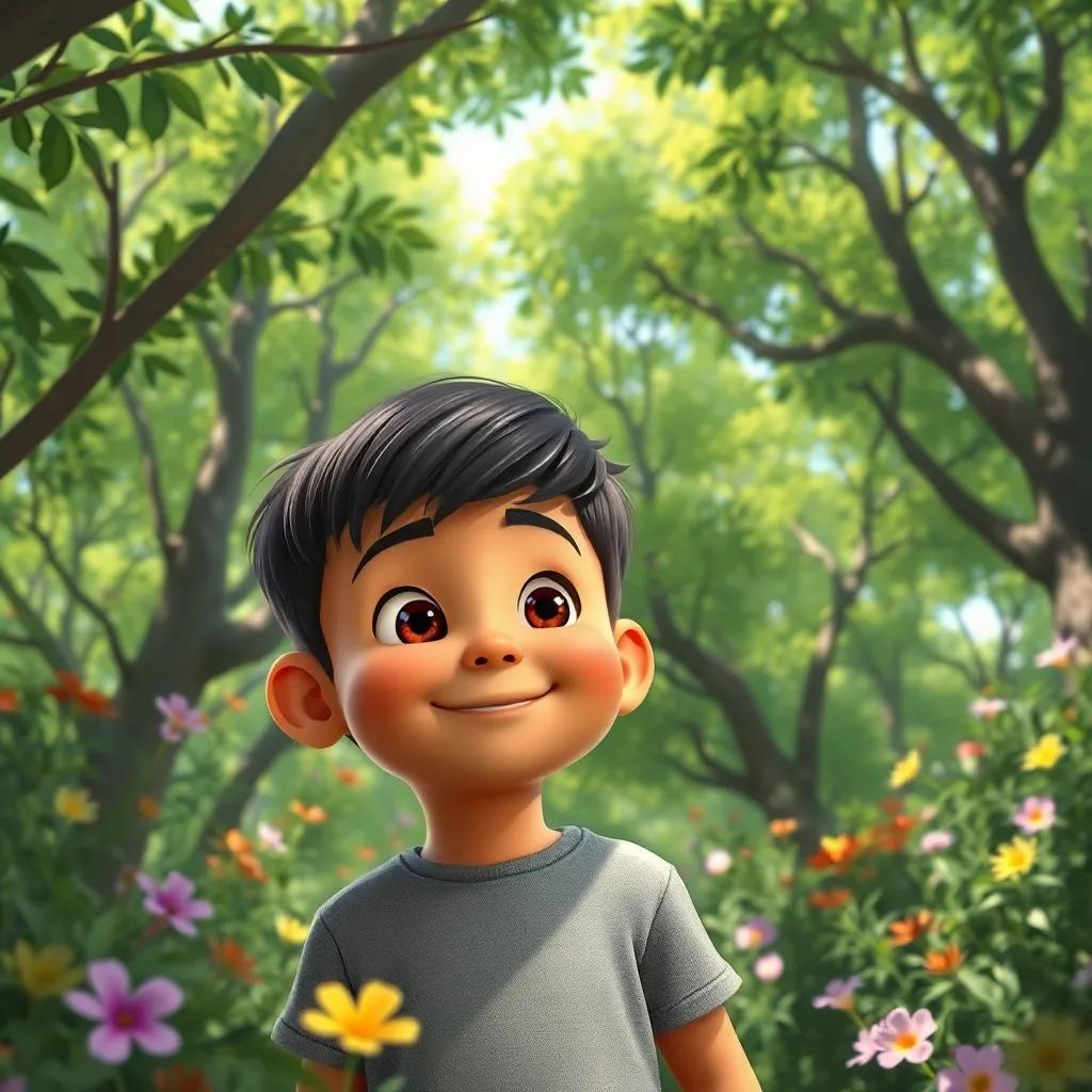 Un niño llamado Leo, un niño latino de seis años, con cabello rizado y piel morena, explorando un bosque lleno de árboles verdes y flores de colores, arte digital, brillante, alegre, perspectiva cercana, alta calidad