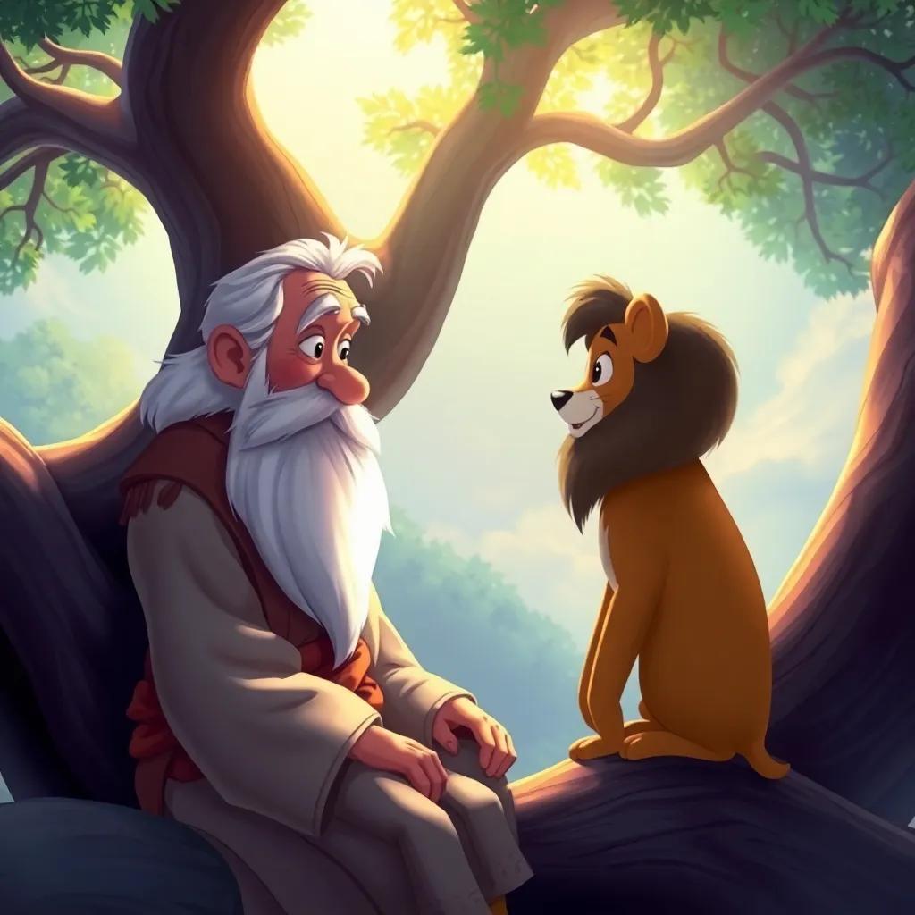 Un anciano sabio con larga barba blanca, vestido con ropa tradicional, sentado bajo un gran árbol, hablando con Leo sobre el viento, arte colorido, luz suave, atmósfera mágica, enfoque en los personajes, ilustración vibrante