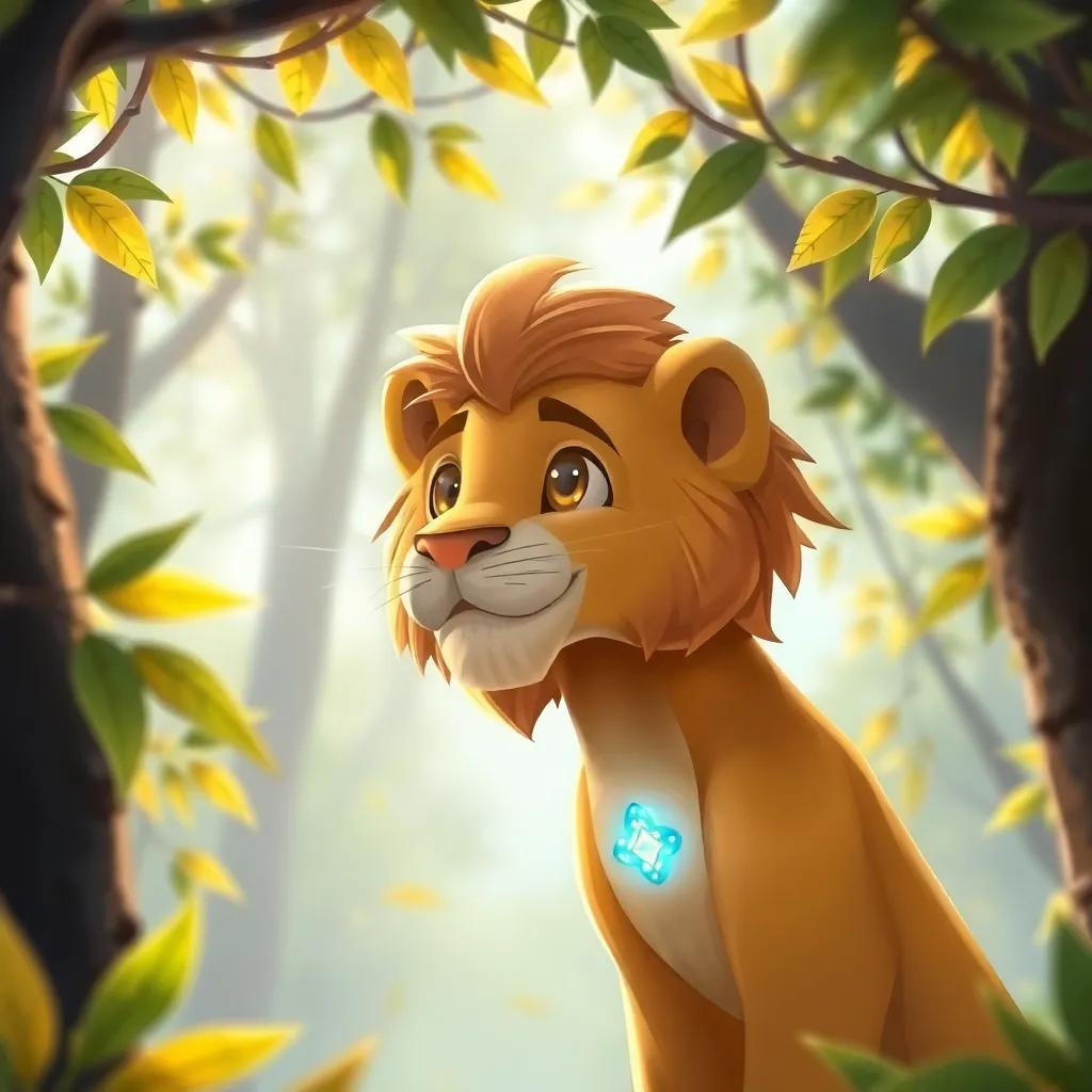 Leo con un amuleto brillante en el pecho, sintiendo el viento en su rostro mientras las hojas giran a su alrededor, en un claro del bosque, ilustración, alegre y mágica, colores cálidos, perspectiva amplia