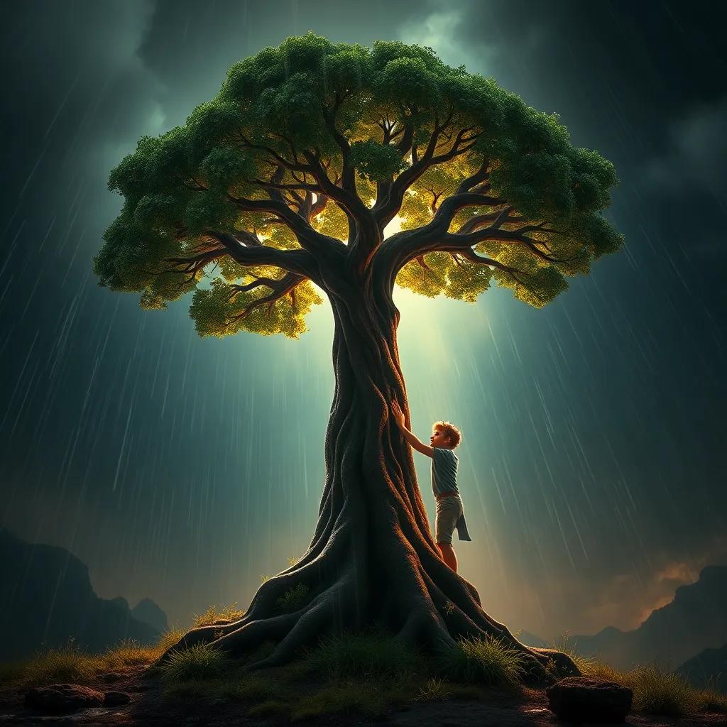 Leo usando su poder del viento para ayudar a un árbol grande a mantenerse en pie durante una tormenta, con rayos y lluvia de fondo, arte dramático, colores oscuros y vibrantes, alta tensión, perspectiva dinámica