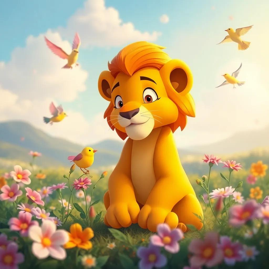 Leo cuidando de las plantas y animales heridos, con flores coloridas a su alrededor, pájaros cantando y un hermoso paisaje de fondo, arte pacífico, luz suave y cálida, perspectiva acogedora, ilustración conmovedora
