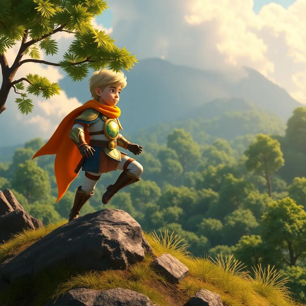 Leo, el Guerrero del Viento, de pie sobre una colina con su amuleto brillando, observando el bosque a su cuidado, arte heroico, colores vibrantes, perspectiva amplia, imagen inspiradora