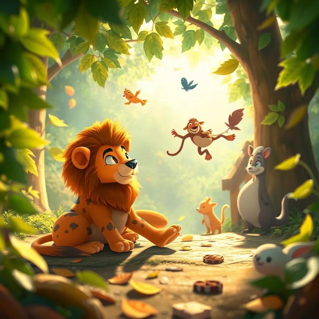 Leo, divirtiéndose con los animales del bosque, mientras las hojas flotan a su alrededor, en un ambiente alegre y luminoso, arte digital, cálido y vibrante, enfoque en la diversión