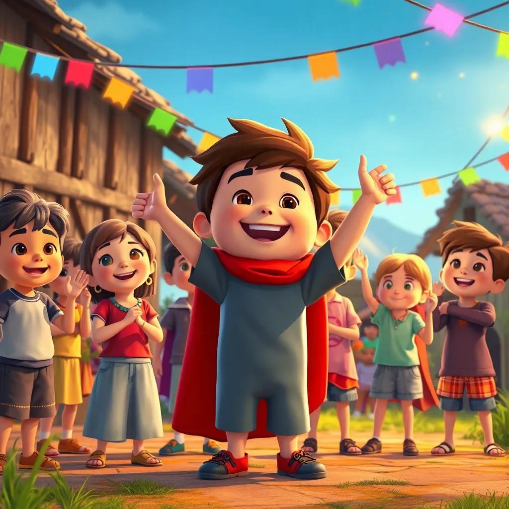 Un grupo de niños en el pueblo aplaudiendo y celebrando a Leo como su héroe, con banderas de colores ondeando, arte alegre, luces brillantes, enfoque en la alegría de la comunidad, ilustración colorida