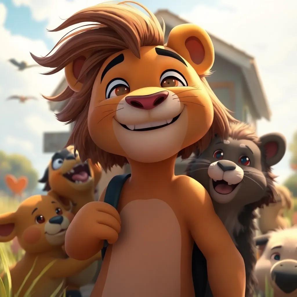 Leo regresando a casa con una gran sonrisa, rodeado de amigos y naturaleza, mientras el viento acaricia su cabello, arte digital, felicidad y amor, perspectiva íntima
