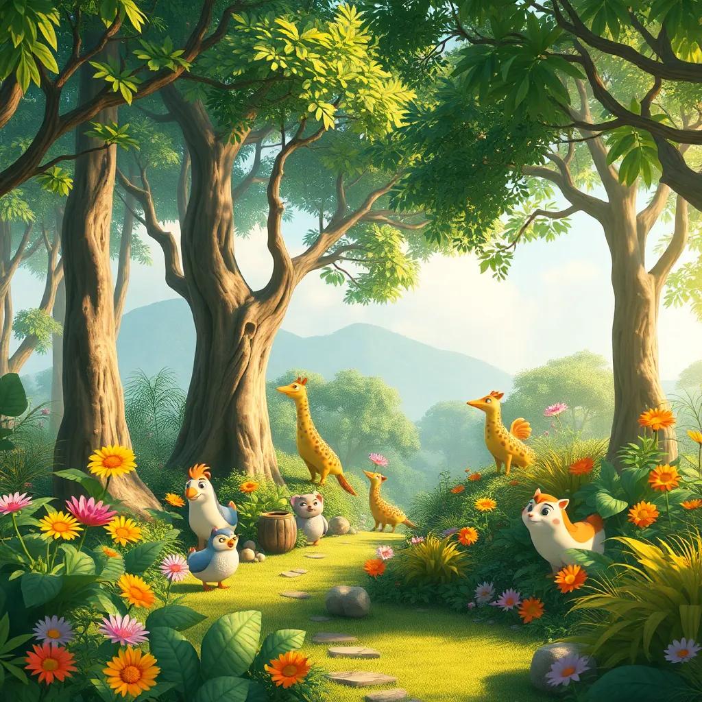 Un paisaje hermoso del bosque con todas las plantas y animales felices, mostrando el impacto del trabajo de Leo como el Guerrero del Viento, arte vibrante, rica paleta de colores, perspectiva amplia, ilustración inspiradora