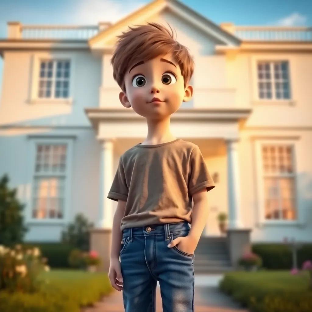 A young boy, Mateo, with short brown hair wearing a comfortable t-shirt and jeans, standing in front of a large, white house, looking curious and thoughtful, digital art, bright colors, warm light, inviting atmosphere, high quality
